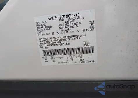 2017 Ford Explorer Platinum из США, поврежденный, VIN 1FM5K8HT9HGD01300